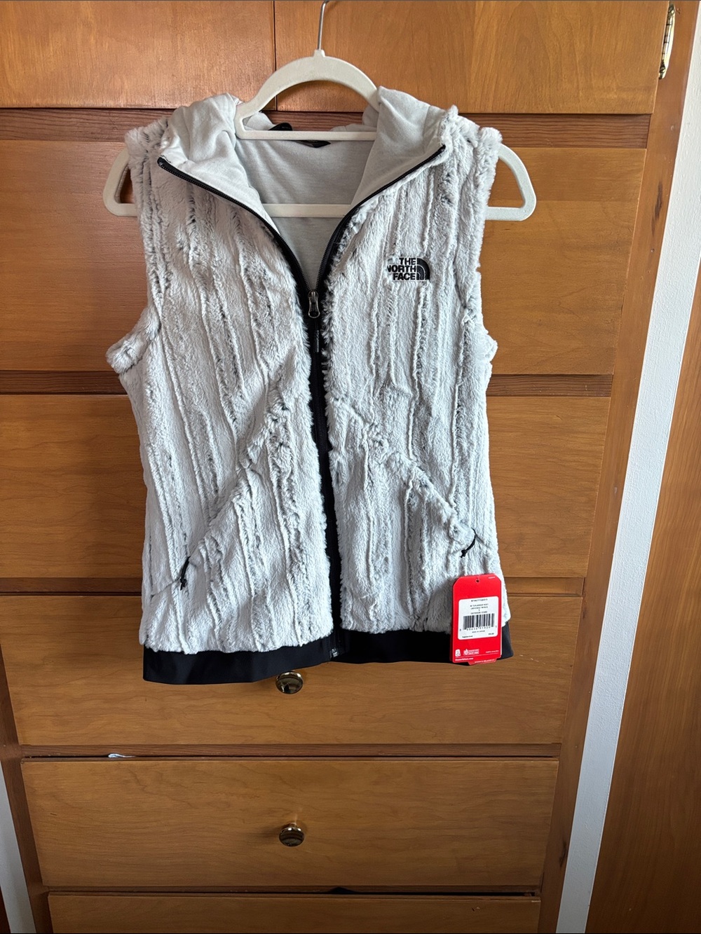 The North Face Light Gray Plush Fleece Hooded Vest with Black Trim